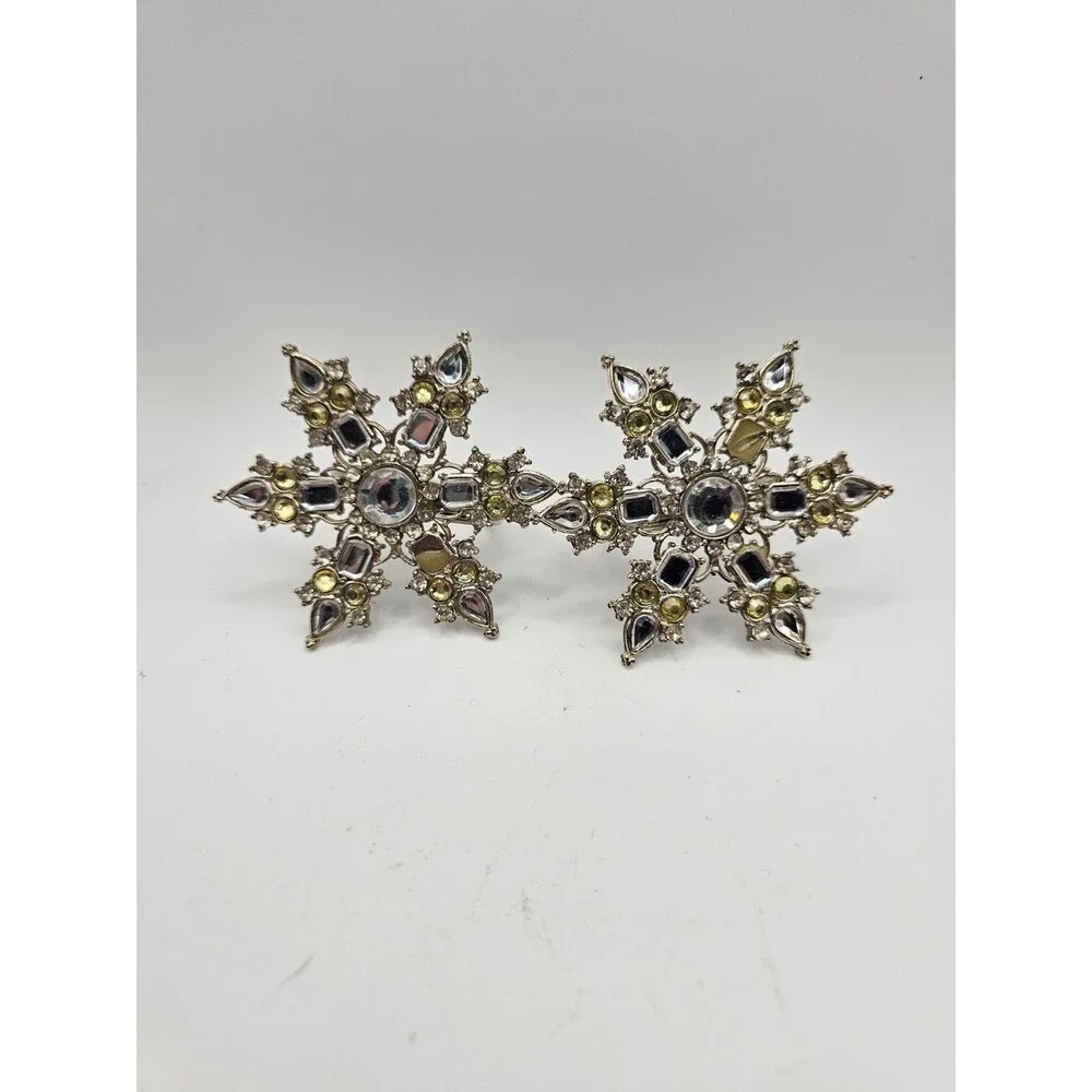 Snowflake Rhinestone Napkin Rings Set 2 Silver Tone Holiday Table Decor